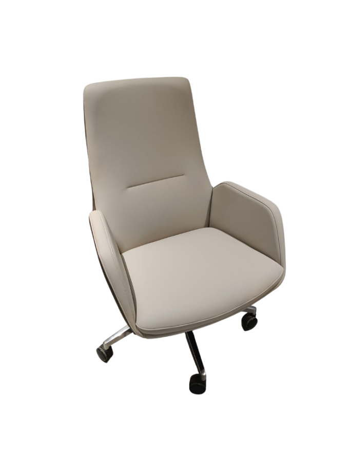 Cream Leather Mid-Back Swivel Office Chair with Chrome Base